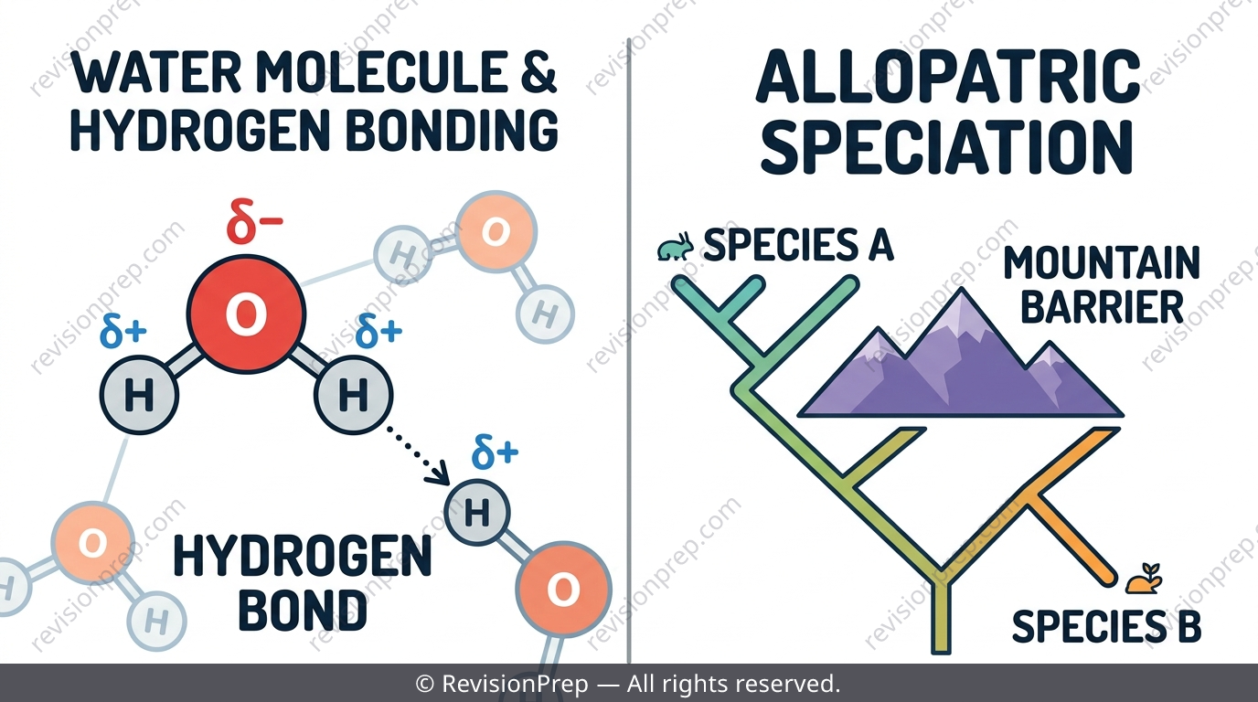Diagram showing a water molecule dipole next to a branching evolutionary tree splitting into two species