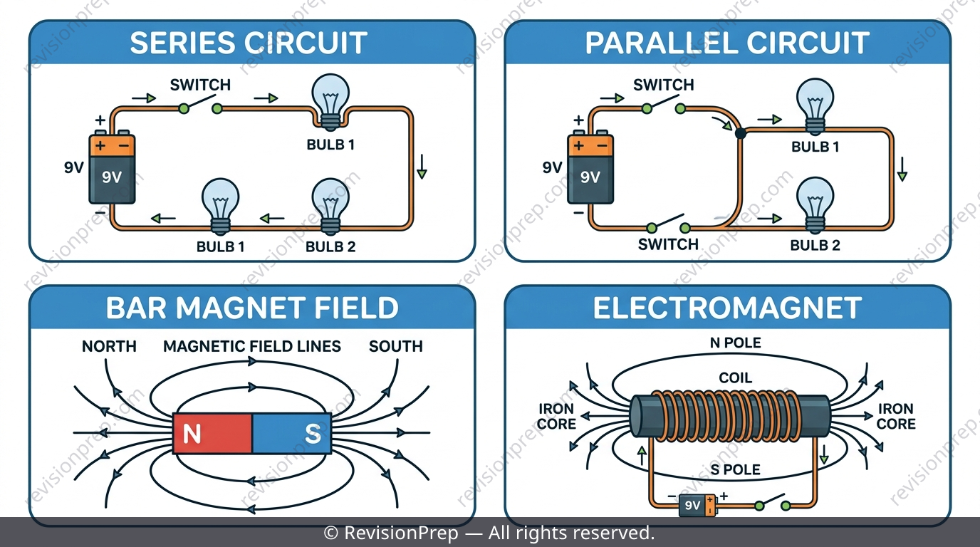 Diagram showing a series circuit, a parallel circuit, a bar magnet with field lines, and an electromagnet with a coil and iron core