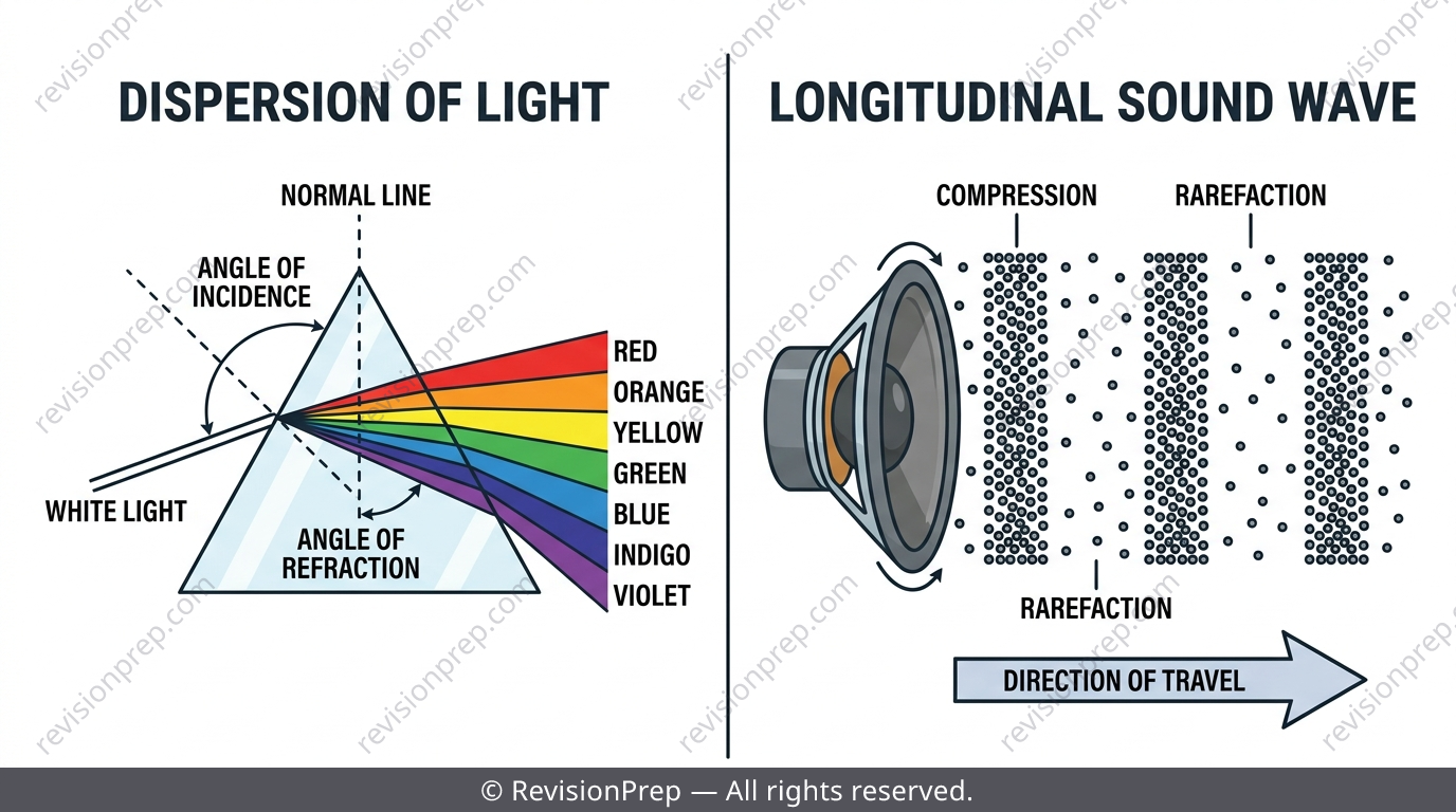 A prism splitting white light into a rainbow next to a speaker sending out sound wave compressions