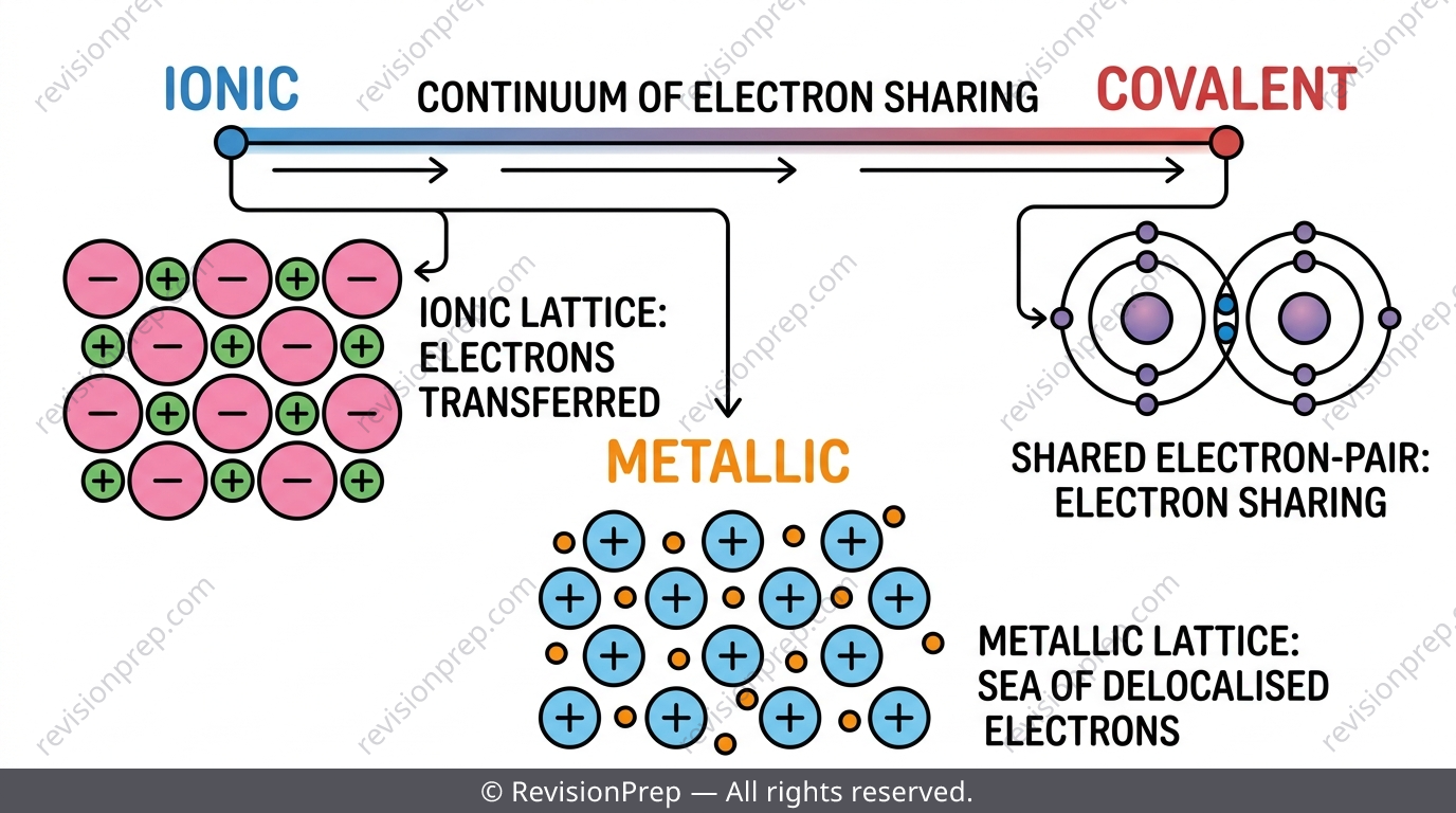 Diagram showing ionic, covalent and metallic bonding as points on a bonding continuum