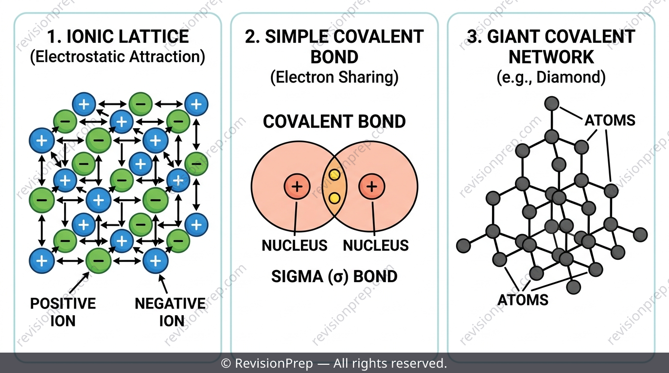 Three bonding models side by side: ionic lattice, covalent molecule with shared electron pair, and a covalent network structure