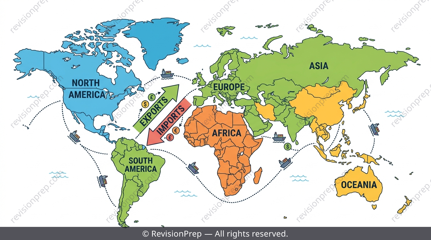 World map connected by trade routes, currency symbols and balance of payments arrows
