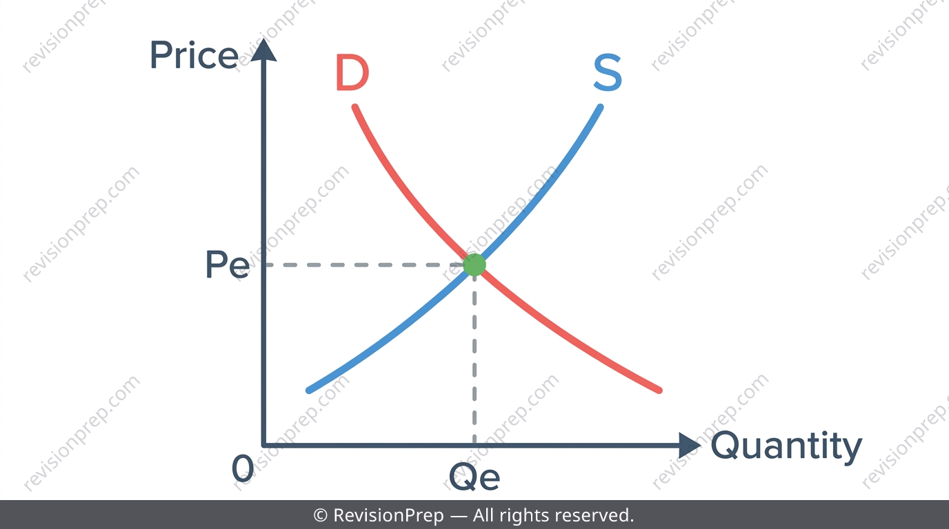 Supply and demand diagram showing market equilibrium price and quantity