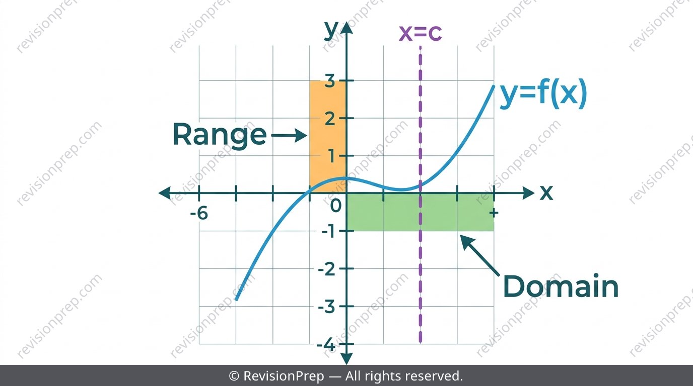 Graph illustrating the vertical line test on a curve with domain and range shaded