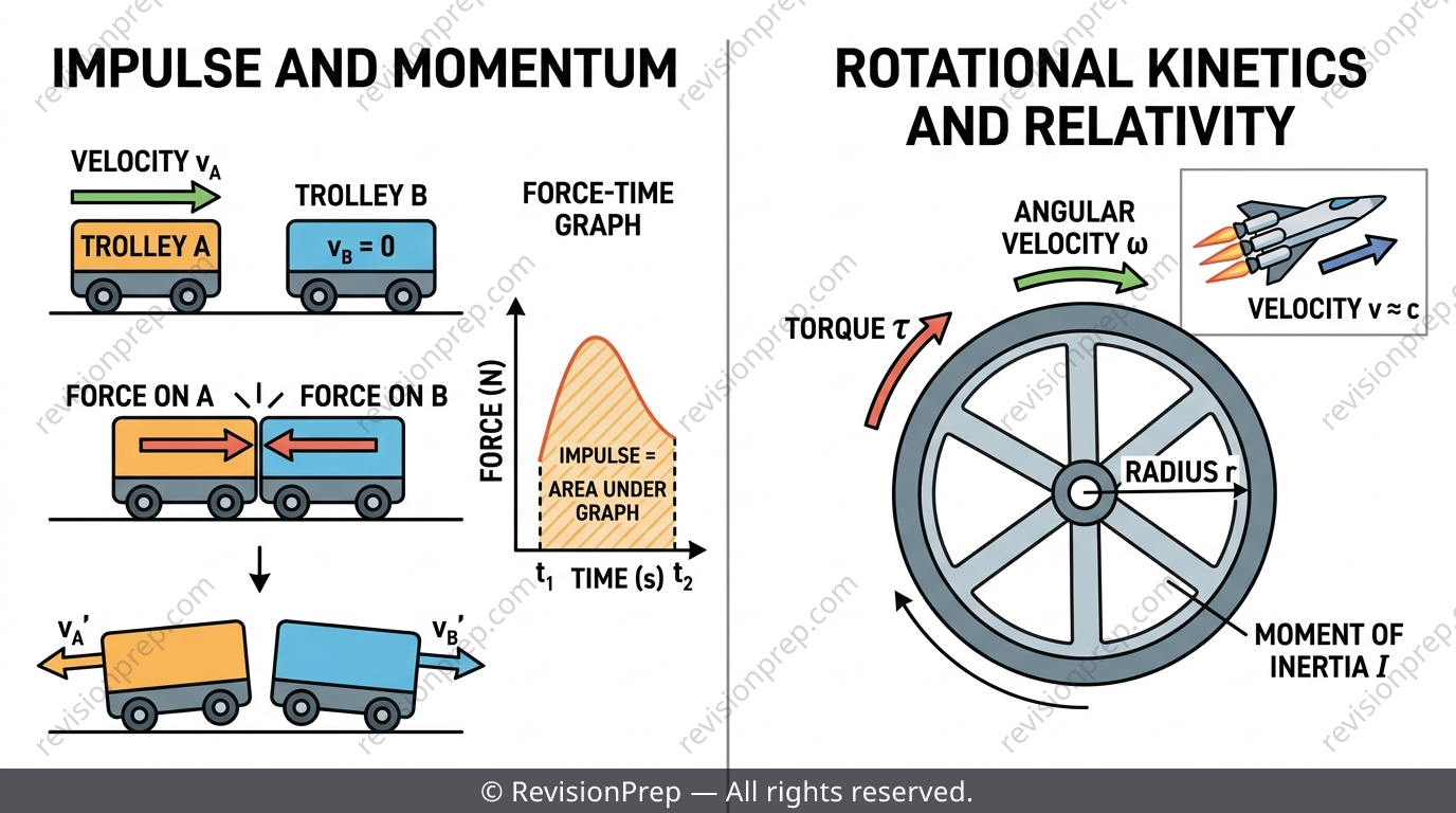 Diagram linking linear and rotational mechanics with a spacecraft firing thrusters