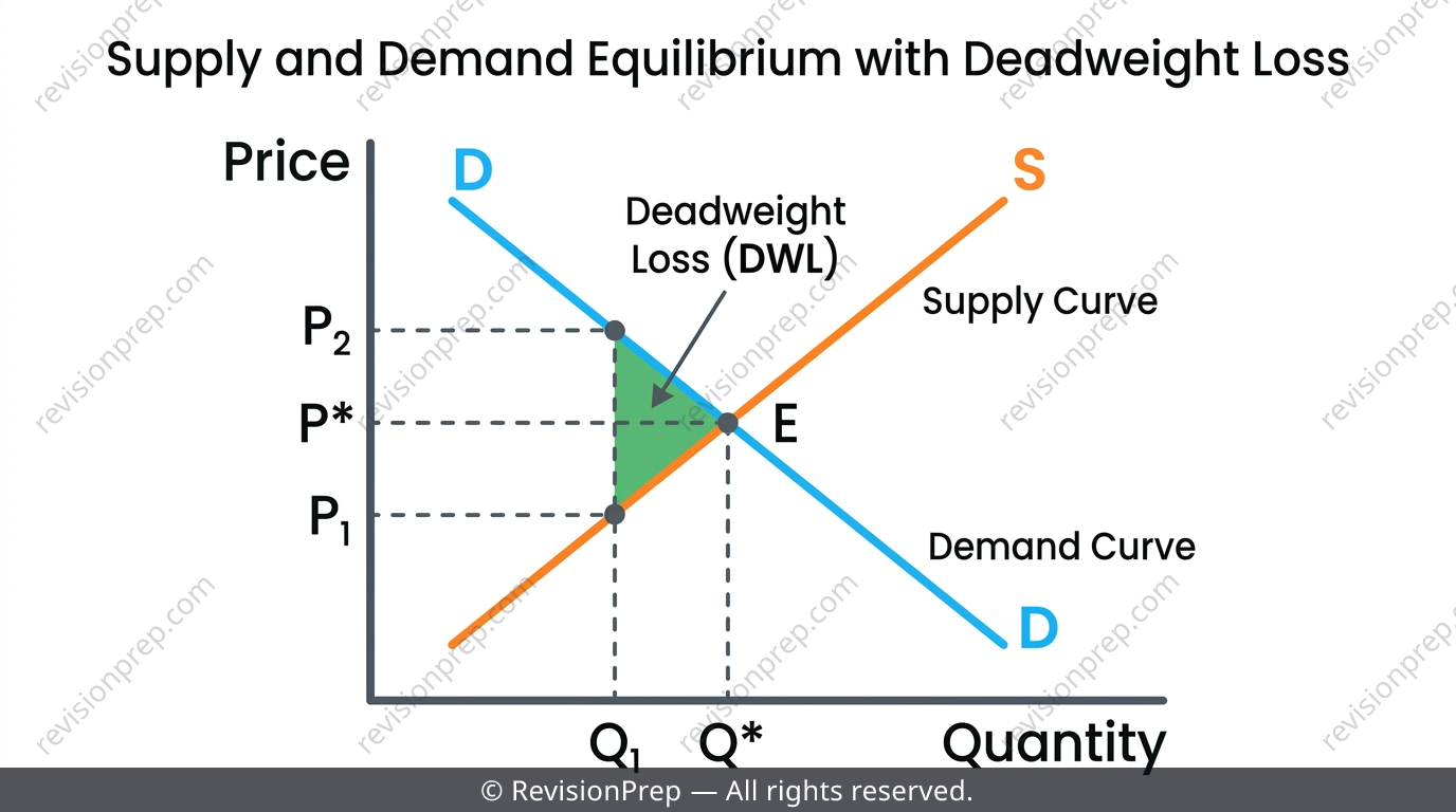 Supply and demand diagram with market failure and marginal cost annotations for IB Economics