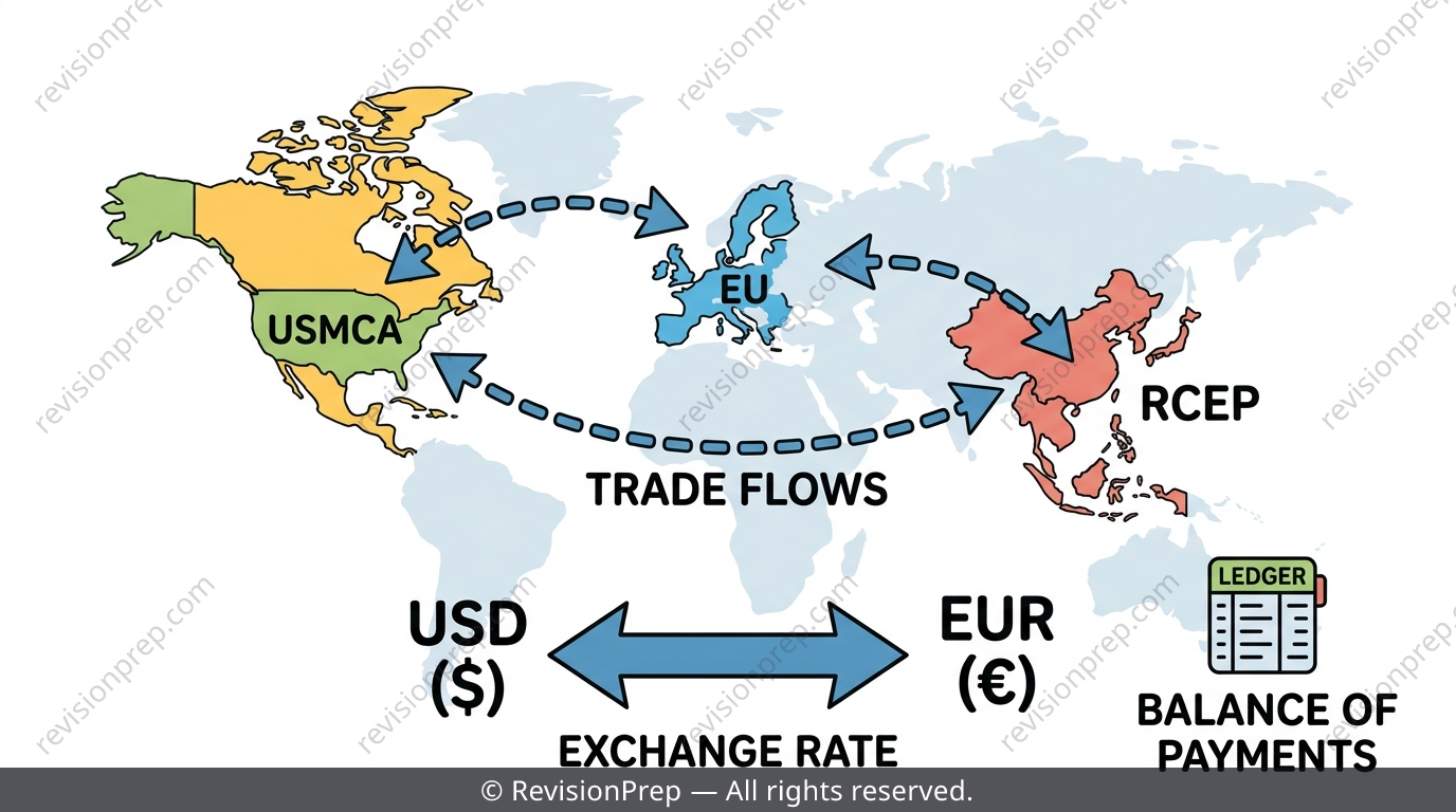 World map with trade route arrows between regional blocs, currency exchange symbols and a balance of payments ledger icon