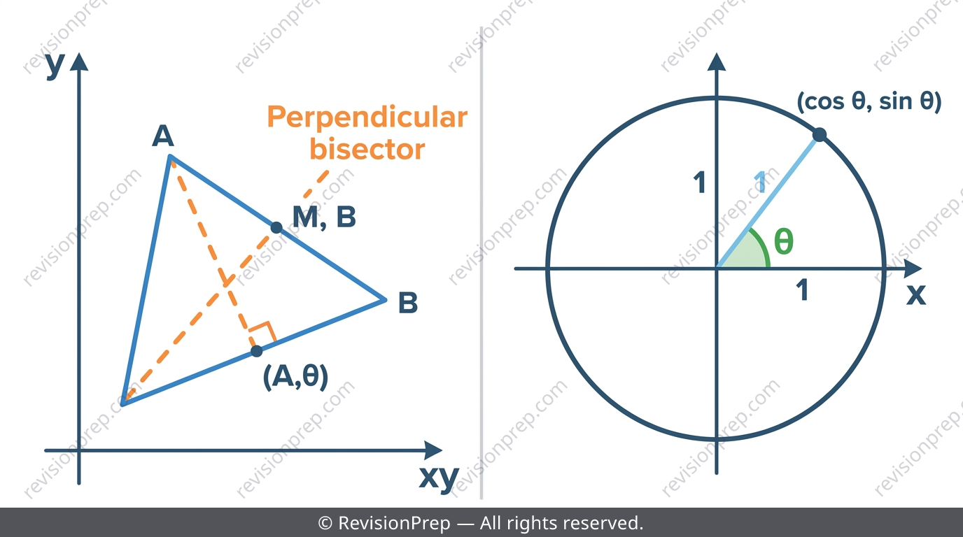 Coordinate plane with a triangle, perpendicular bisector line, and a unit circle showing sine and cosine