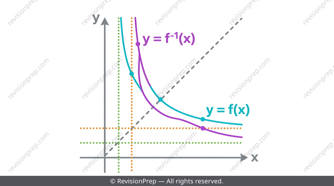 Graph showing a function, its inverse reflected in y=x, and asymptotes labelled