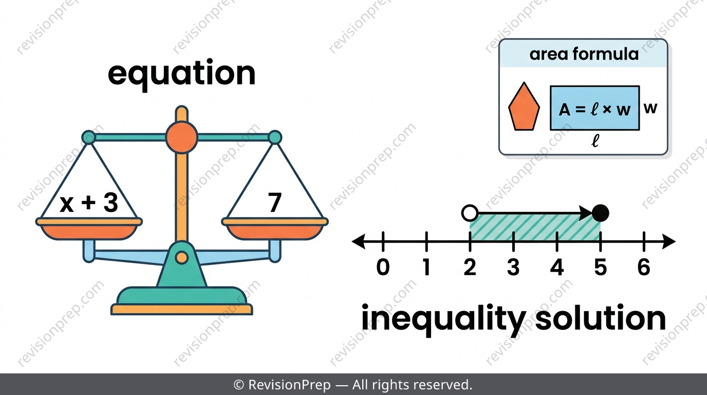A balance scale next to a number line with an open and closed circle, illustrating equations and inequalities
