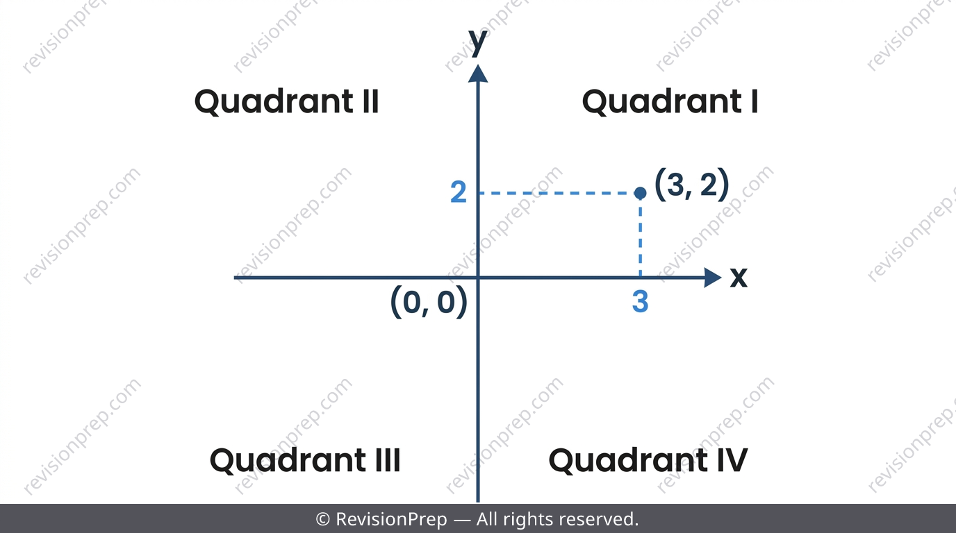 Cartesian plane with x-axis, y-axis, origin and a labelled point (3,2)