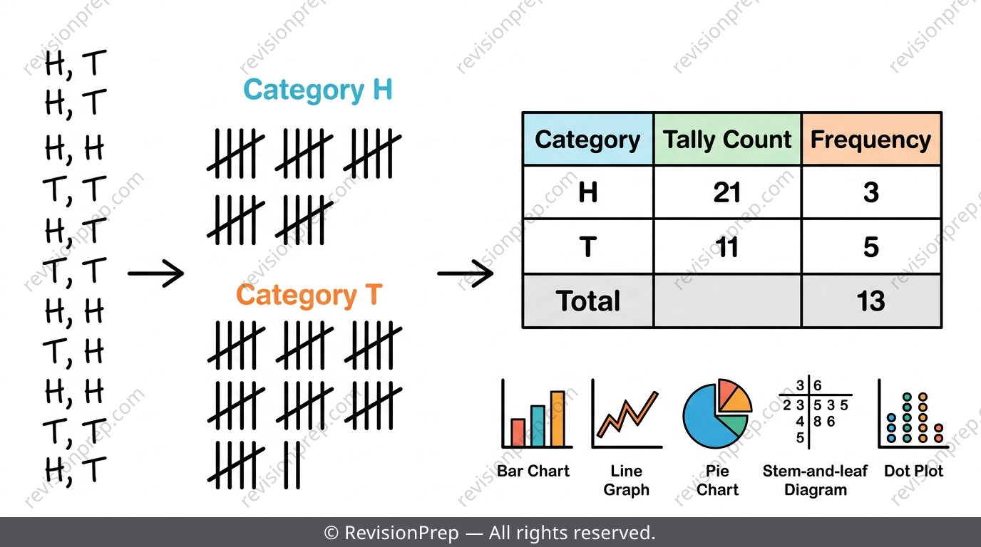 Raw data list transforming into a tally chart, frequency table, and a set of bar, line, pie, stem-and-leaf and dot plot diagrams
