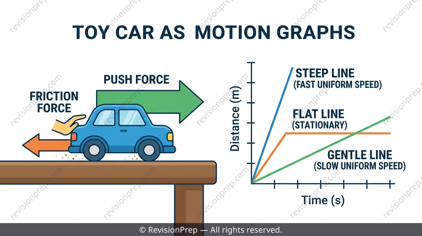 A toy car being pushed across different surfaces with force arrows and a distance-time graph beside it
