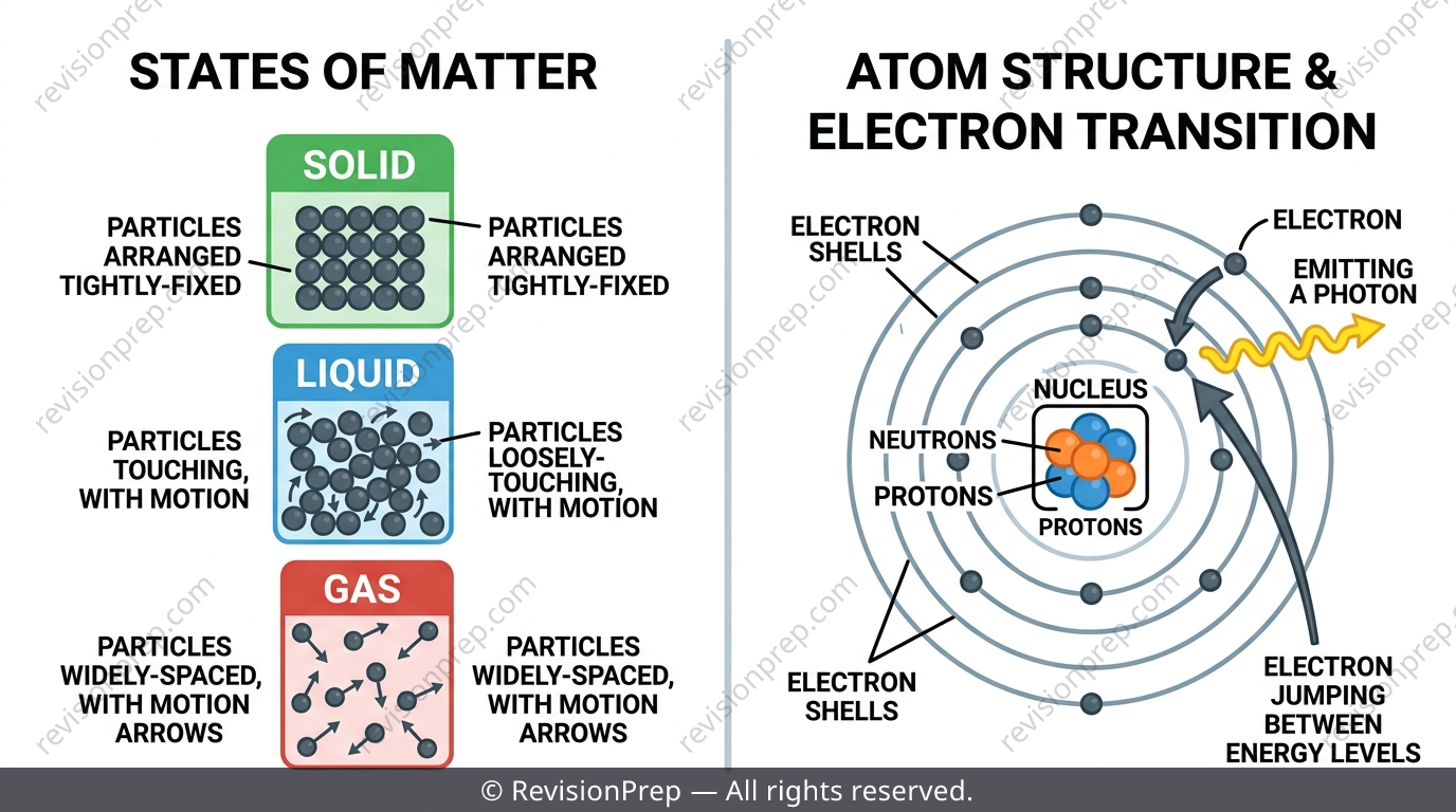 Diagram showing particle arrangement in solids, liquids and gases next to a labelled atom with nucleus and electron shells
