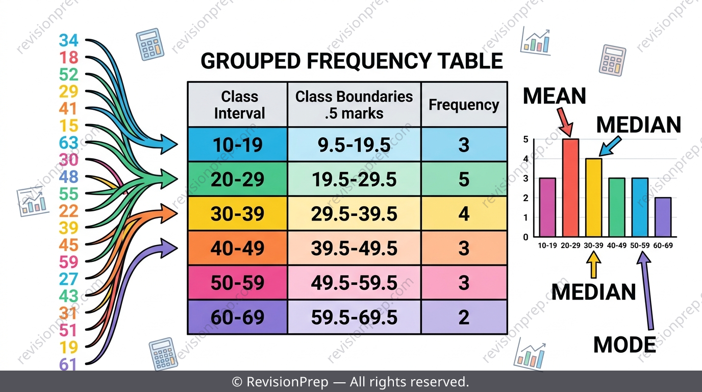 Frequency table transforming into a bar chart with mean, median and mode labelled