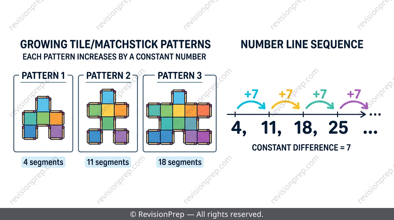 Growing dot and tile pattern next to an arithmetic sequence of numbers with arrows showing constant difference