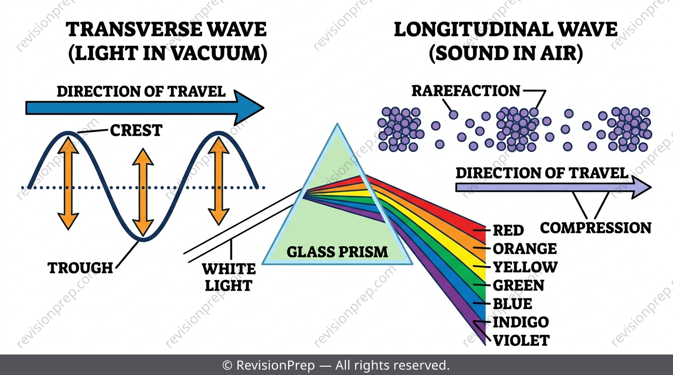 Split illustration comparing a transverse light wave and a longitudinal sound wave with a prism splitting white light into a spectrum