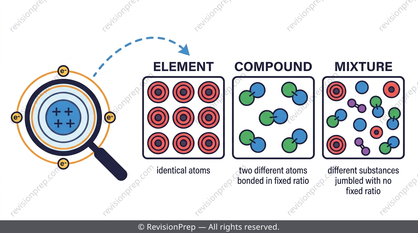 Diagram showing atoms combining into elements, compounds and mixtures with a magnifying glass
