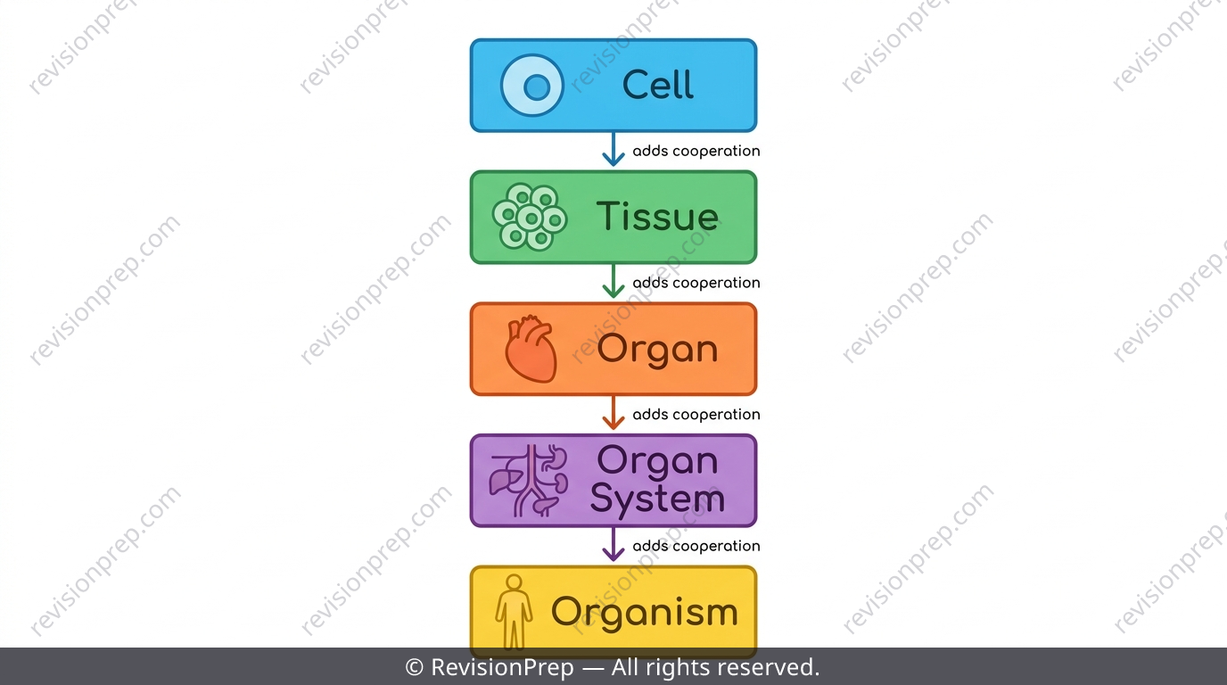 Diagram showing the hierarchy from cell to tissue to organ to organ system to organism