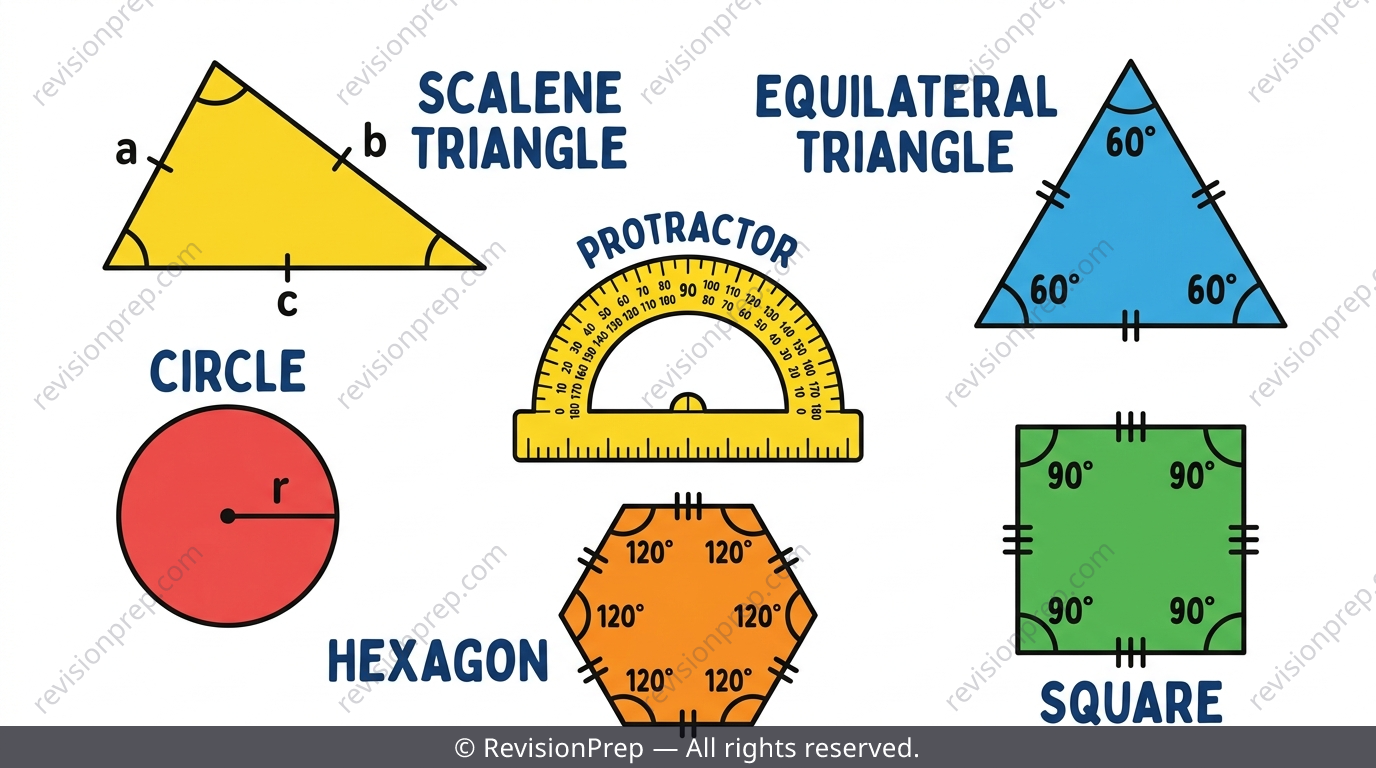 Collection of triangles, polygons, and circles with angle markings for MYP 2 geometry