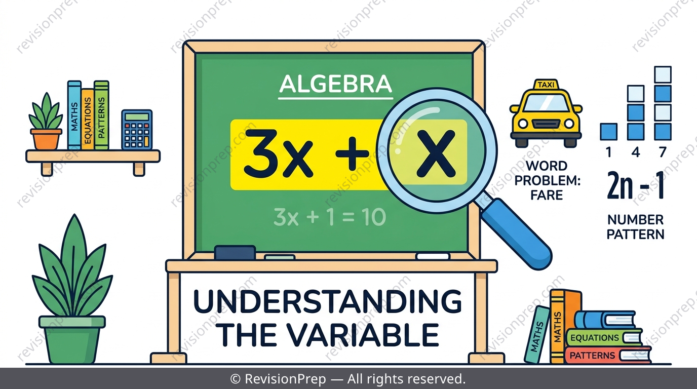 Algebra and Expressions IB MYP 2 revision hero image with variables, terms and word problem icons