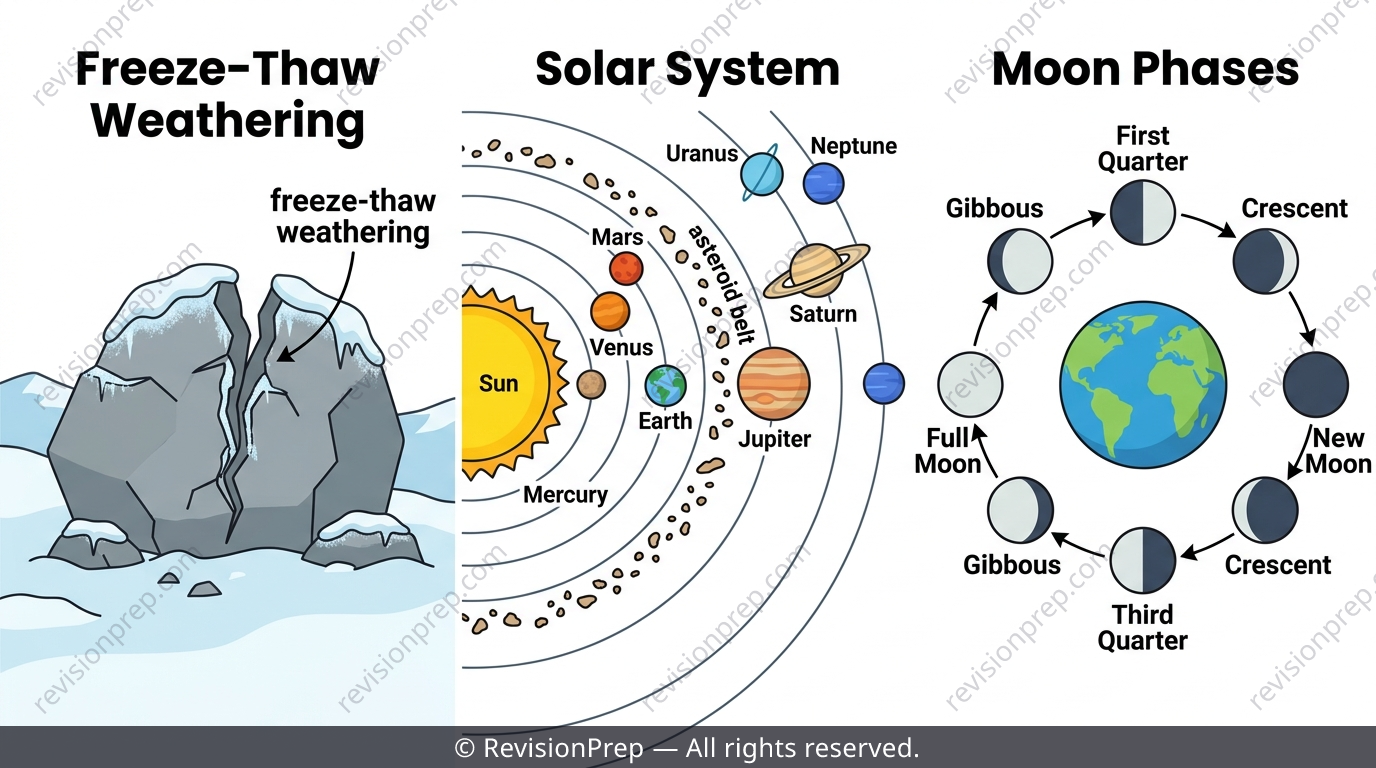 Split illustration showing a weathered rock cracking, planets orbiting the Sun, and the Moon's phases