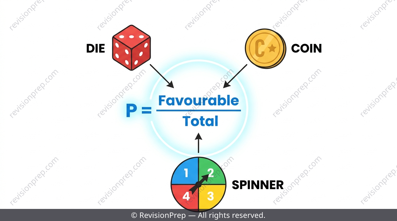 Dice, a coin, and a spinner arranged around a probability fraction P equals F over T