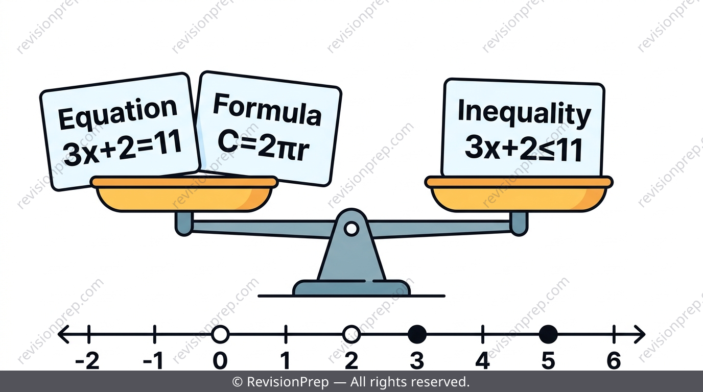 Balance scale comparing an equation, an inequality, and a formula with a number line below