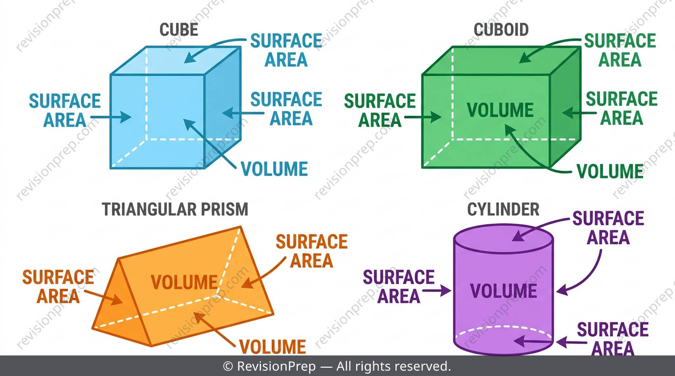 Cube, cuboid, triangular prism and cylinder with surface area and volume labels