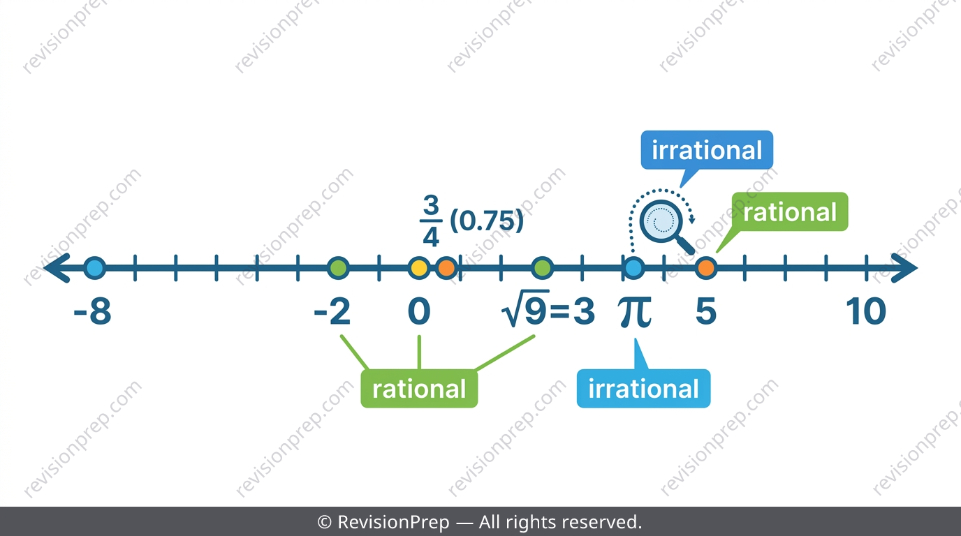 A number line showing rational and irrational numbers, negative numbers, and standard form labels