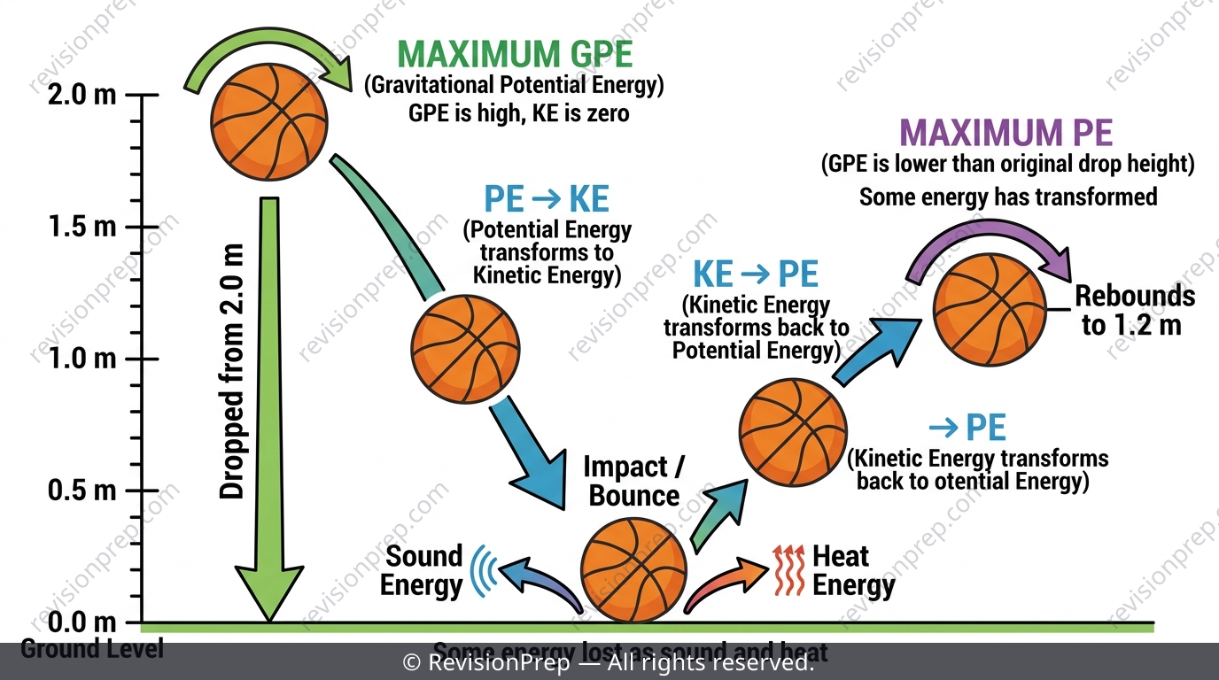 Diagram showing energy transforming between gravitational potential energy, kinetic energy, heat and sound during a bouncing ball's motion