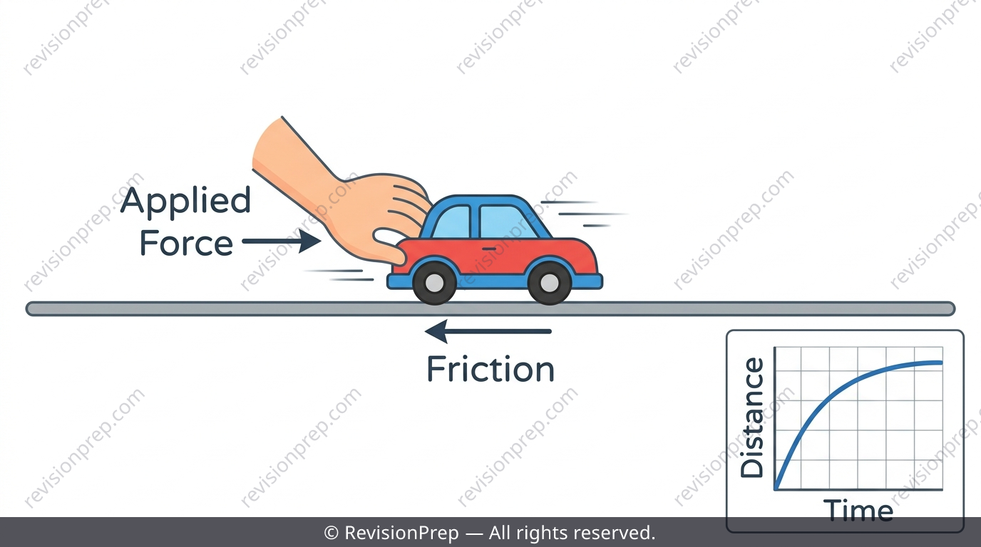 Toy car on a track with force arrows showing push and friction