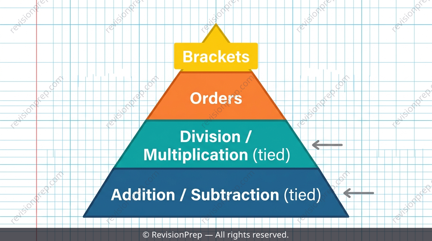 Colourful diagram showing BODMAS order of operations tiers with brackets, orders, division/multiplication and addition/subtraction