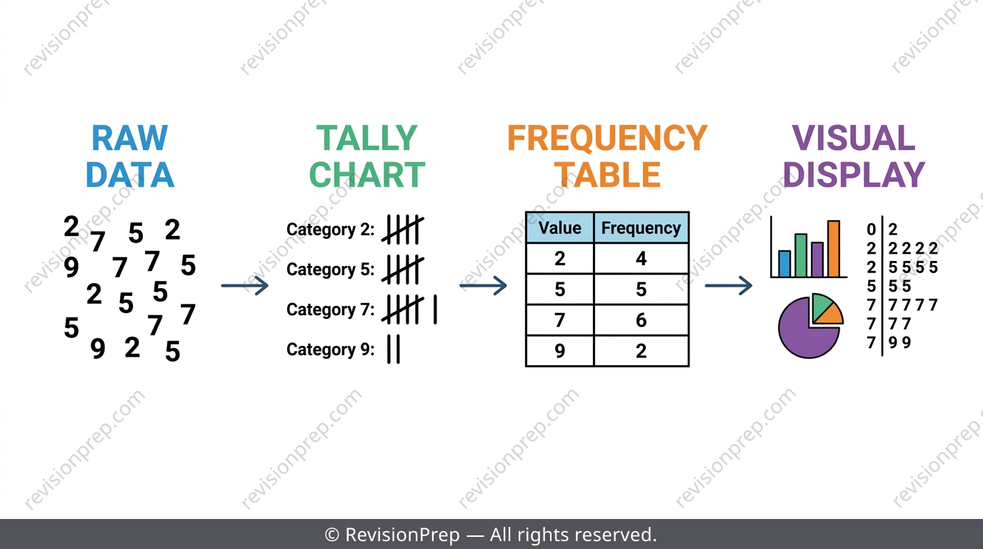 Pipeline diagram showing raw data turning into a tally chart, frequency table, and then a bar chart, pie chart, and stem-and-leaf diagram