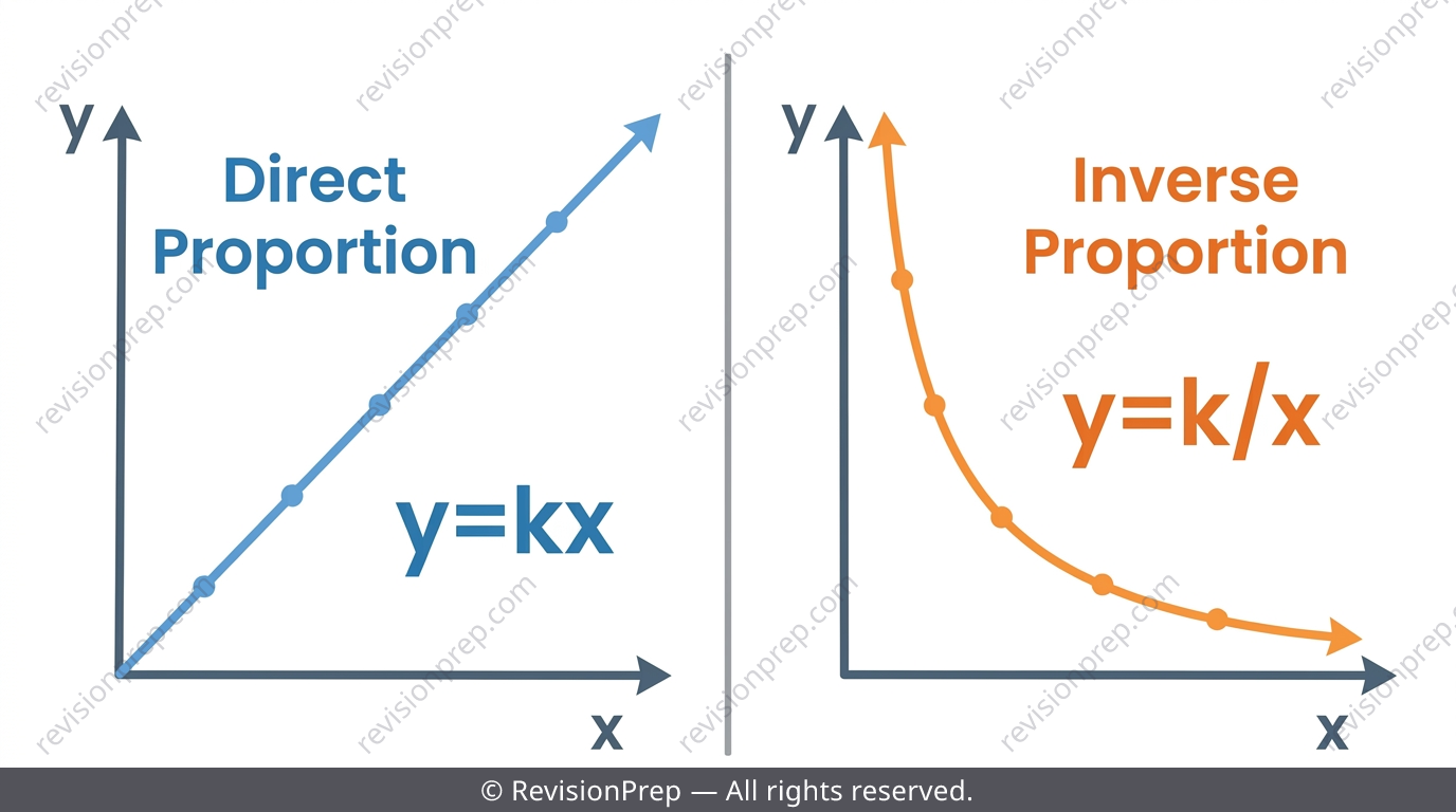 Diagram showing direct proportion straight line and inverse proportion curve side by side