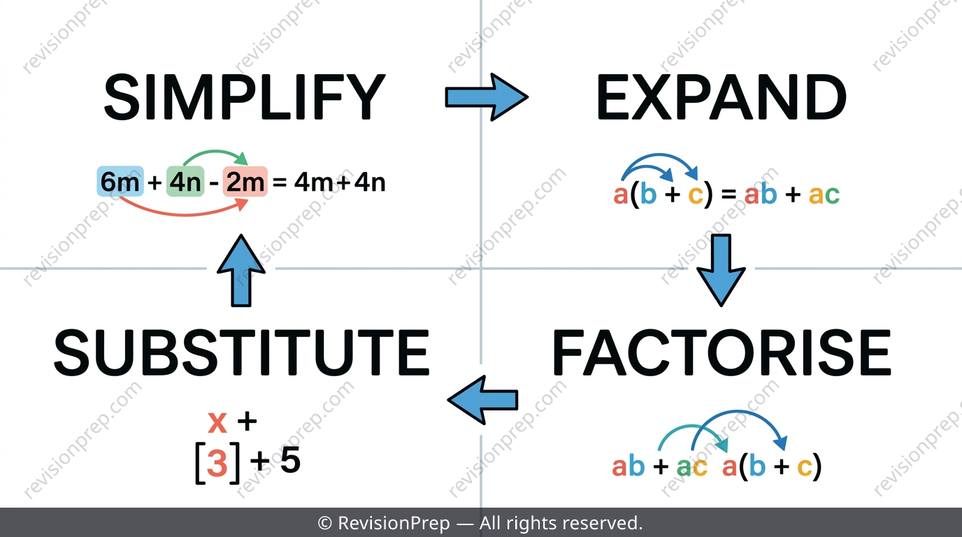 Diagram showing the four algebra moves: simplify, expand, factorise, substitute