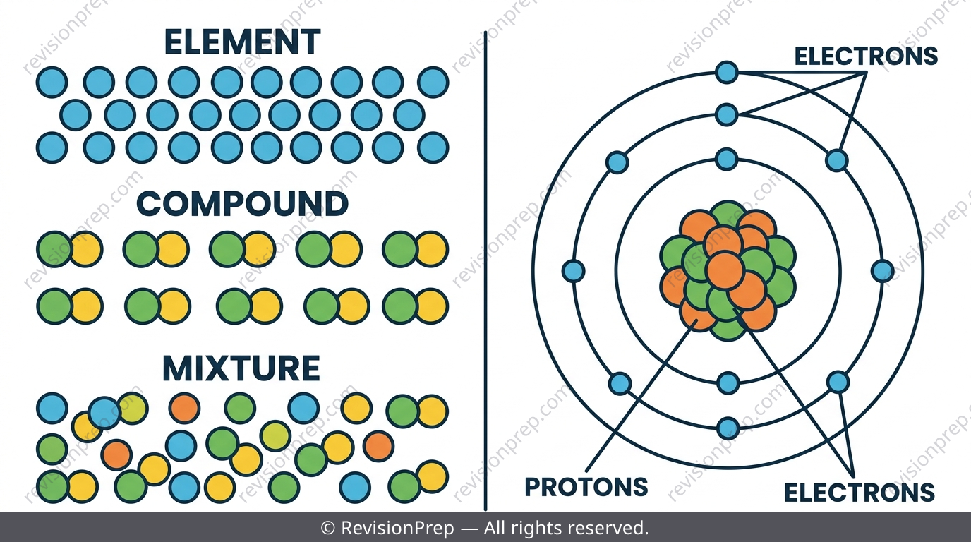 Diagram showing elements, compounds and mixtures at the particle level next to a simple atom model