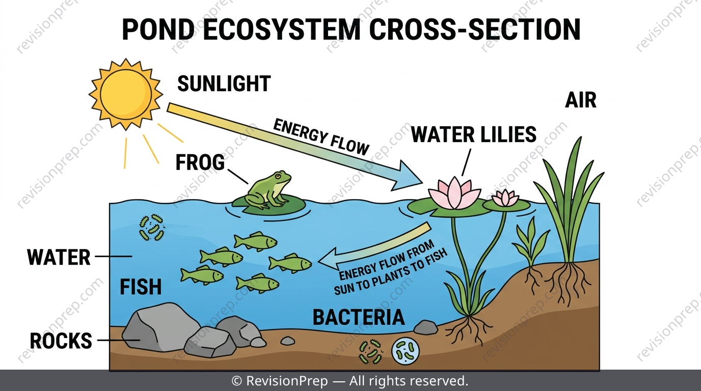 Pond ecosystem diagram showing biotic and abiotic components with energy flow arrows