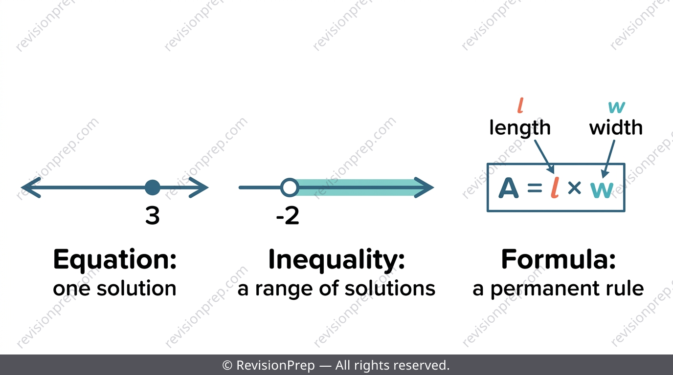 Number line showing a single equation solution point, a shaded inequality region, and a formula linking variables