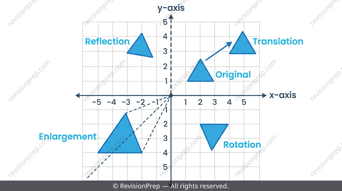 Cartesian plane showing a shape being translated, reflected, rotated and enlarged