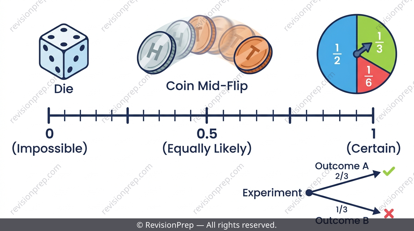 Dice, coin, spinner and a simple tree diagram representing probability and outcomes