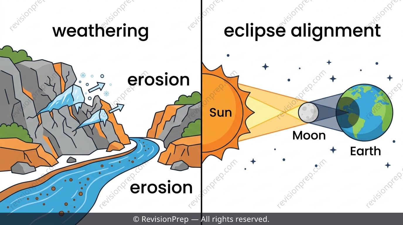 Split illustration of a weathered cliff face on one side and Earth, Moon and Sun aligned on the other