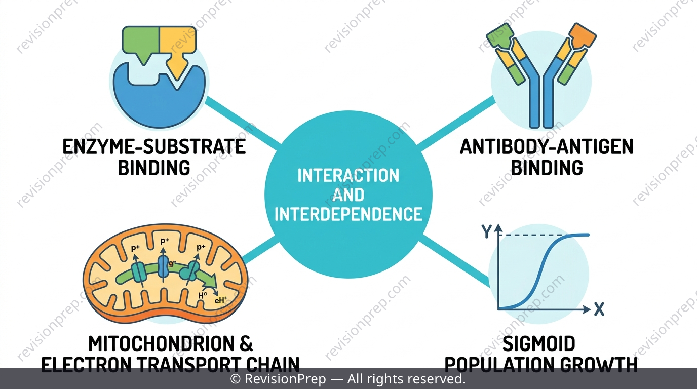 Diagram linking enzyme kinetics, immune response, population growth and cell respiration under one IB Biology theme