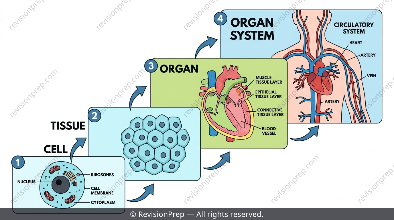 Diagram showing zoom from a single cell to tissue, organ, and organ system