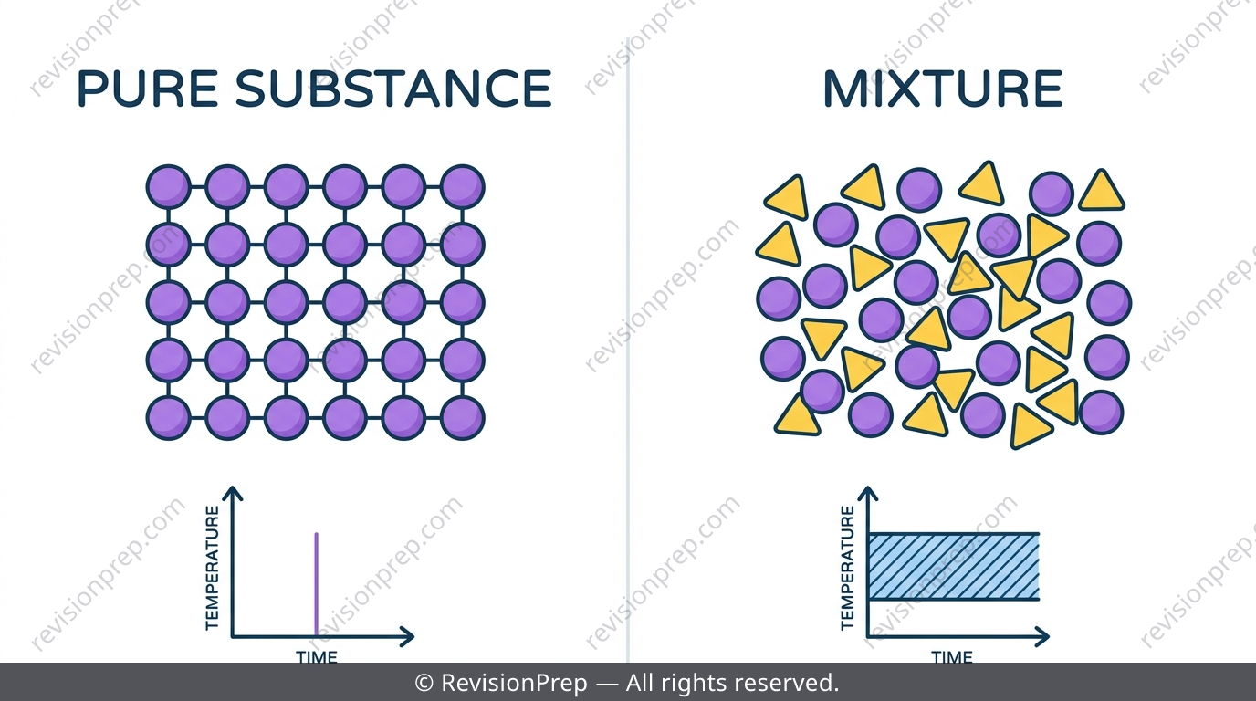 Diagram comparing a pure substance lattice to a mixture with two particle types, alongside melting point graphs