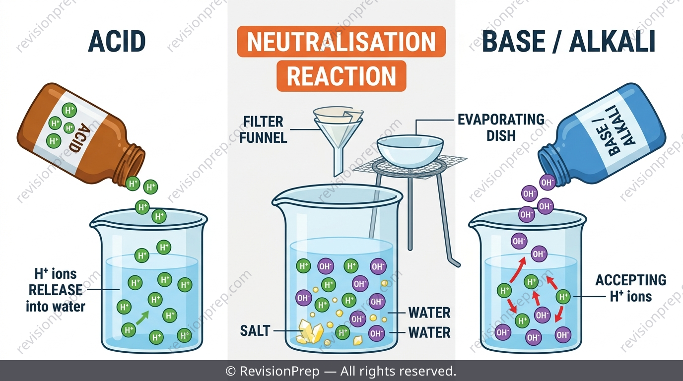Diagram showing acid and base reacting to form salt and water with lab equipment
