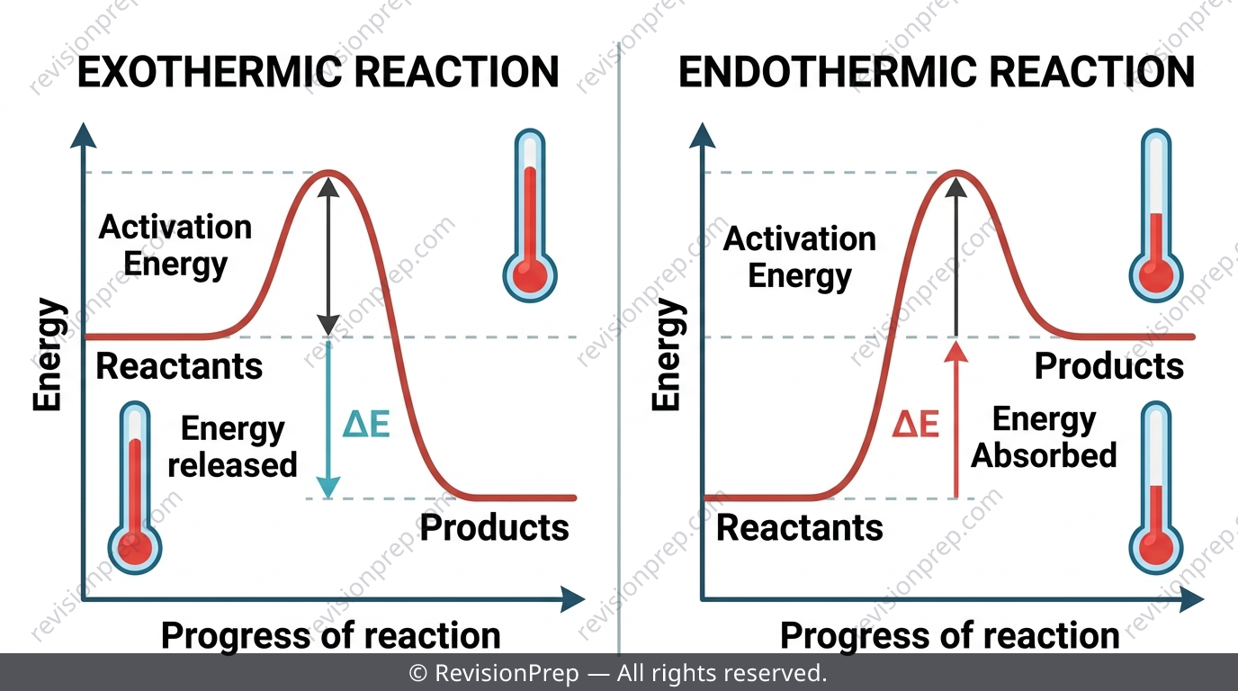 Split diagram showing exothermic and endothermic energy profile curves with a thermometer