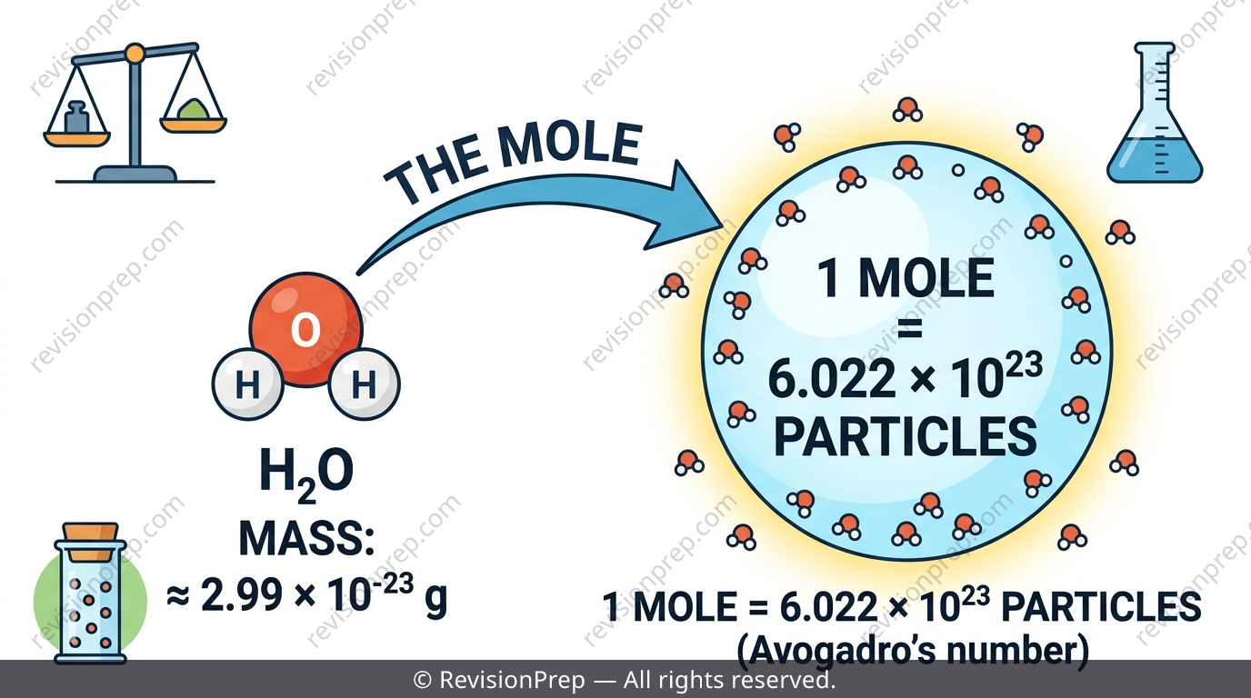 Illustration of atoms and molecules being converted into moles, mass and particle numbers