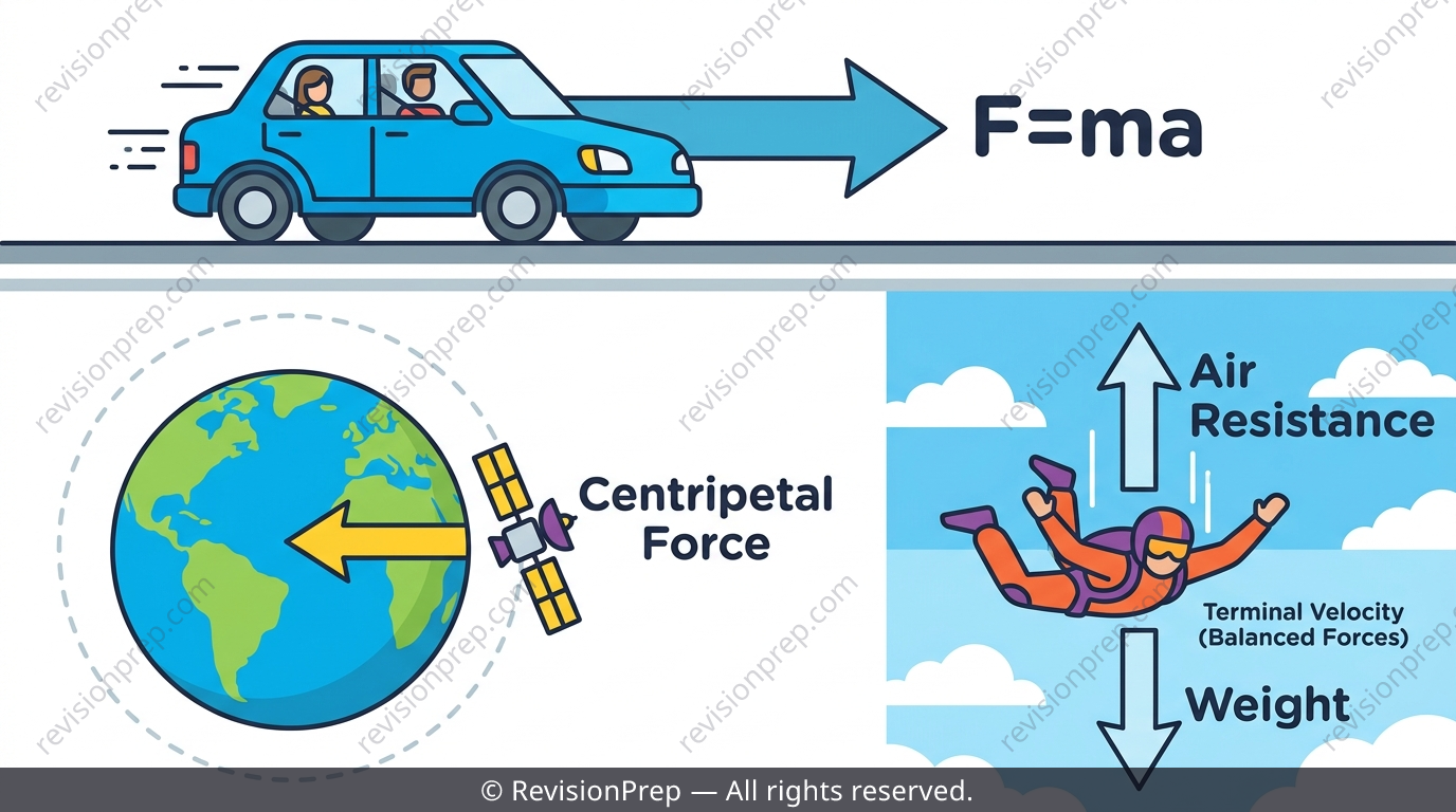 Diagram showing a car braking, a satellite orbiting Earth, and a falling skydiver reaching terminal velocity