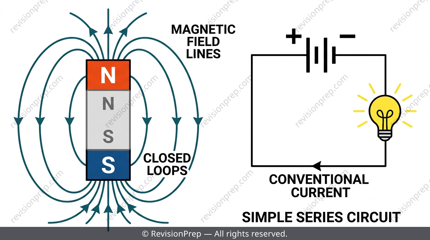 Bar magnet with curved field lines looping from north to south pole, alongside a simple circuit diagram